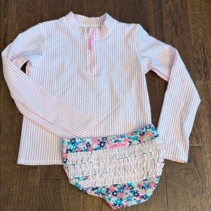 Ruffle Butts Pink and White Striped Rashguard with Floral Bottoms